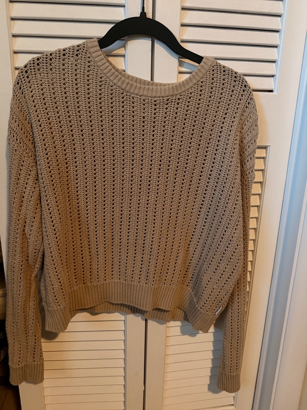 DKNY Open-Knit Crewneck Sweater in Taupe